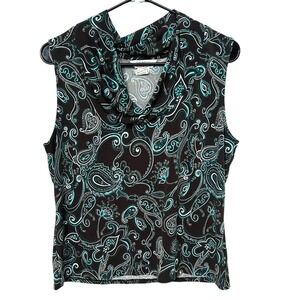 Boho Paisley Cowl Neck Sleeveless Top‎ L Brown Turquoise Draped Stretch Blouse